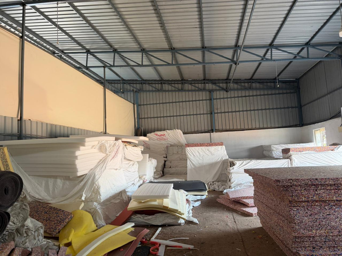PU foam blocks, memory foam and bonded foam sheets on the cutting floor