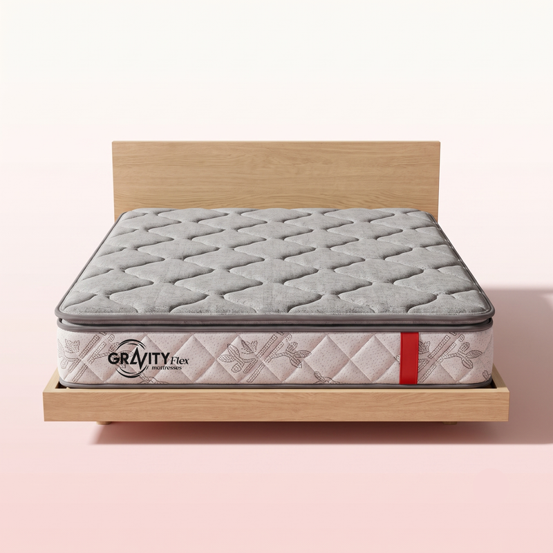 Gravity Flex Aeries 5 inch mattress on an oak bed frame, front view