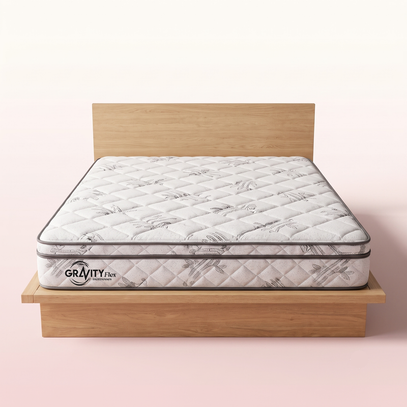 Gravity Flex Aeries Plus 6 inch mattress on an oak bed frame, front view