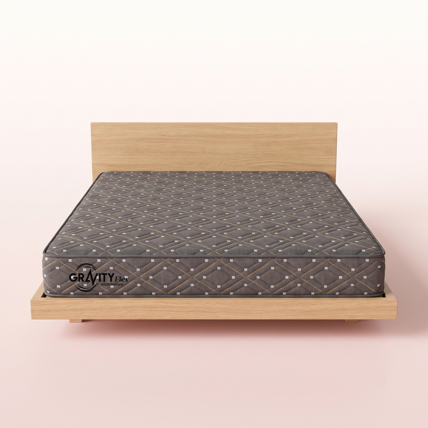 Gravity Flex Blanc 6 inch mattress on an oak bed frame, front view