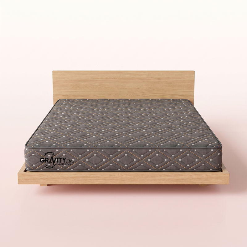 Gravity Flex Blanc 6 inch mattress on an oak bed frame, front view