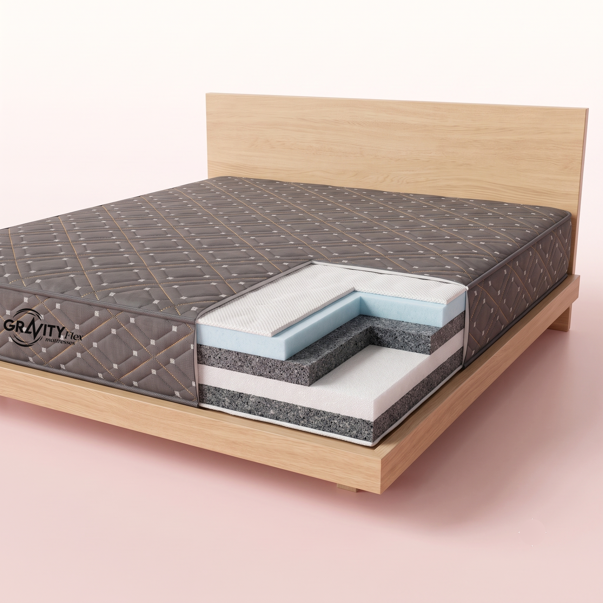 Cross-section of the Gravity Flex Blanc mattress showing its 6 internal layers