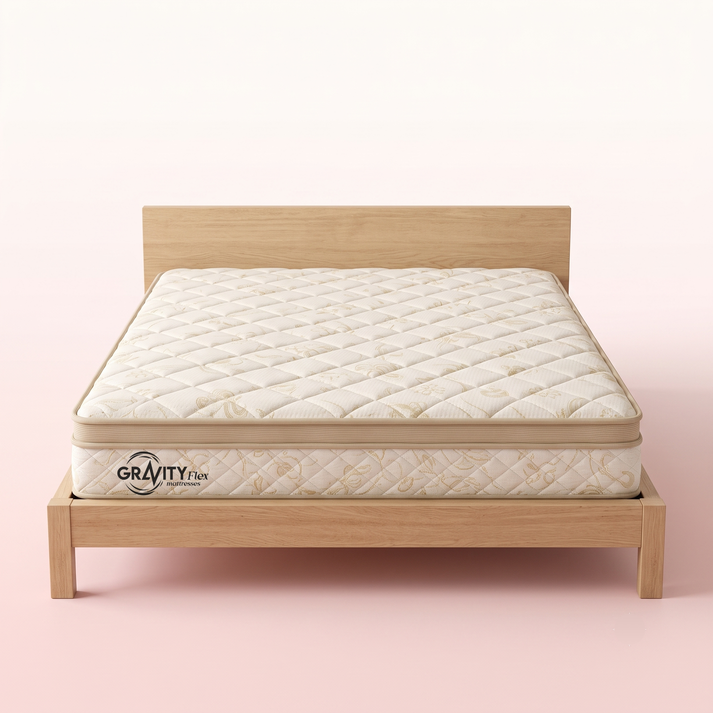 Gravity Flex Brega 6 inch mattress on an oak bed frame, front view