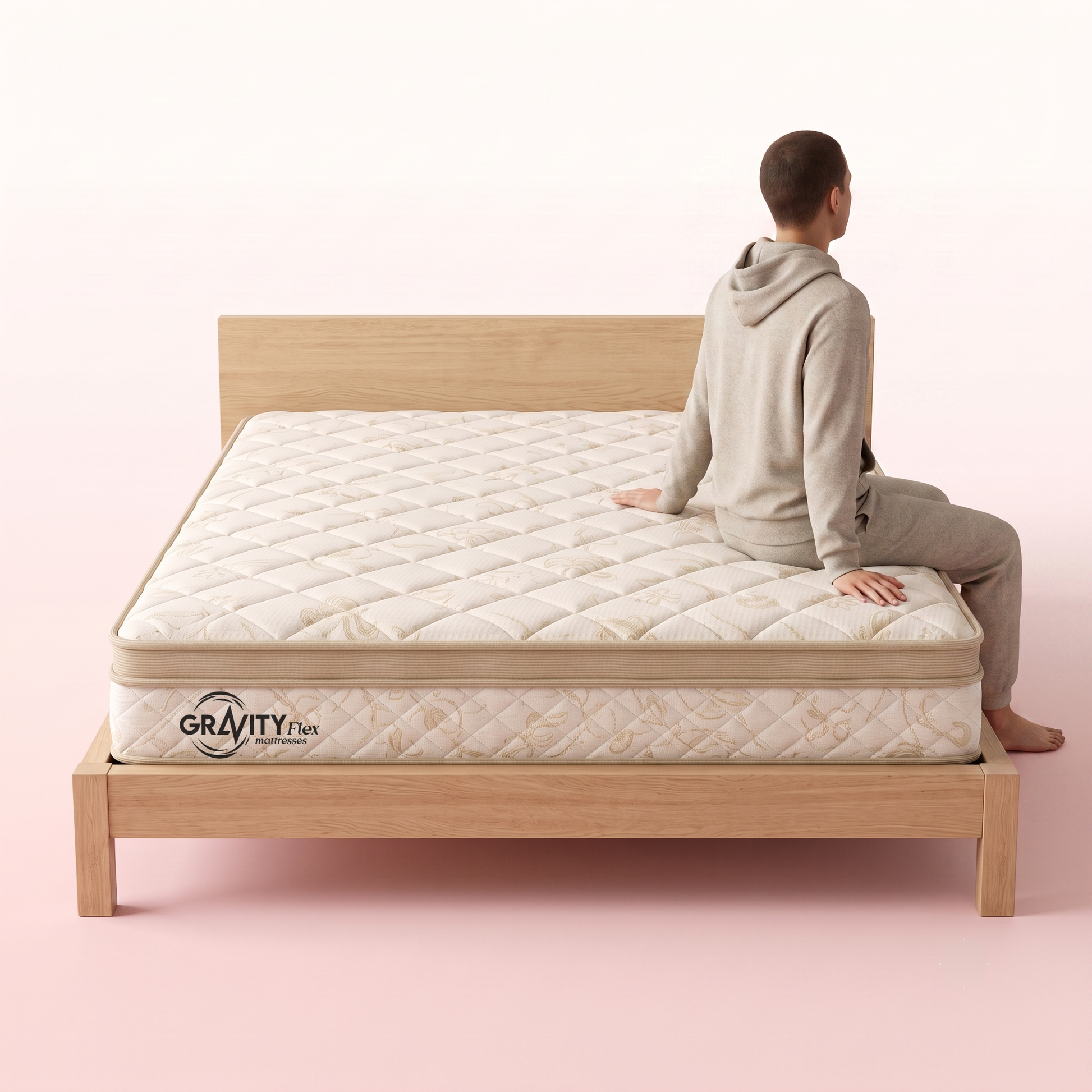 Person seated on the edge of a Gravity Flex Brega 6 inch mattress