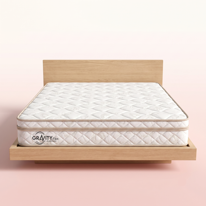 Gravity Flex Brega Plus 8 inch mattress on an oak bed frame, front view
