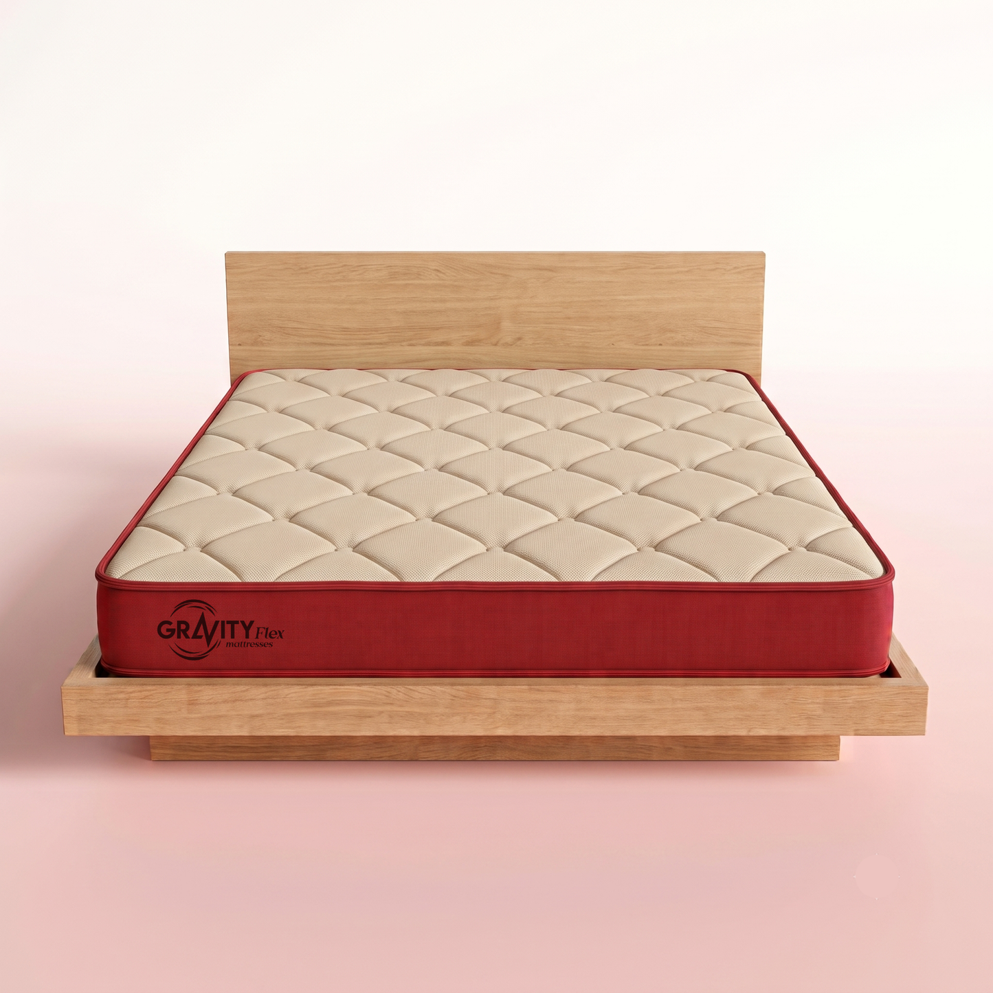 Gravity Flex Budge 5 inch mattress on an oak bed frame, front view