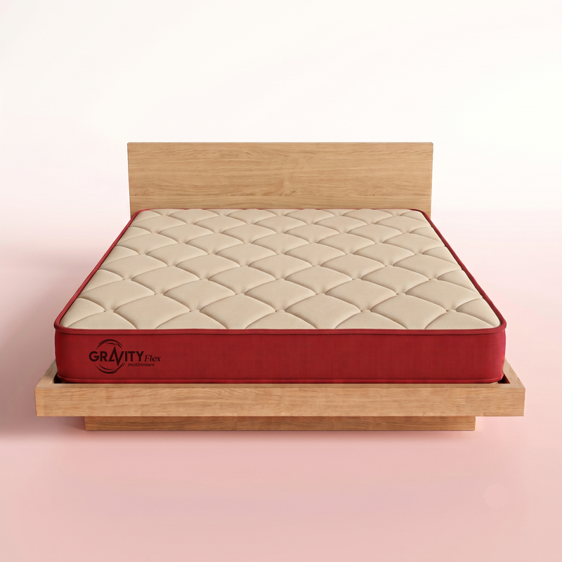 Gravity Flex Budge 5 inch mattress on an oak bed frame, front view