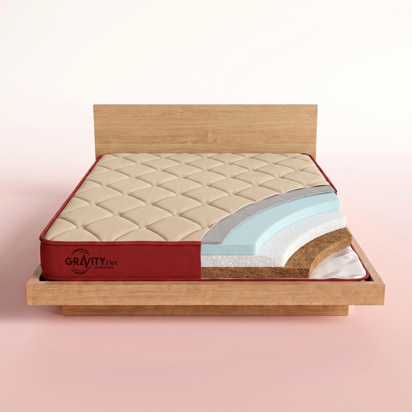 Cross-section of the Gravity Flex Budge mattress showing its 5 internal layers