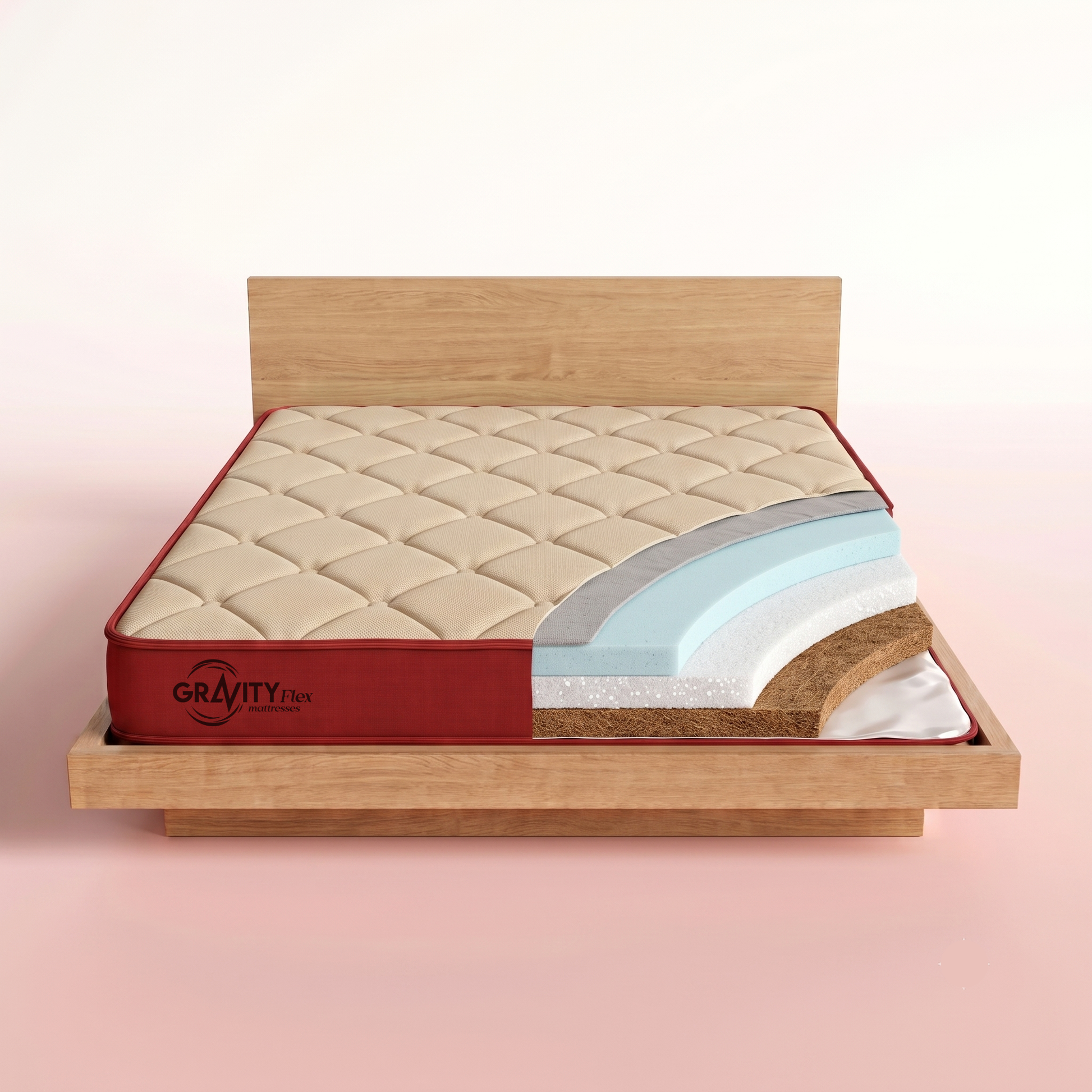 Cross-section of the Gravity Flex Budge mattress showing its 5 internal layers
