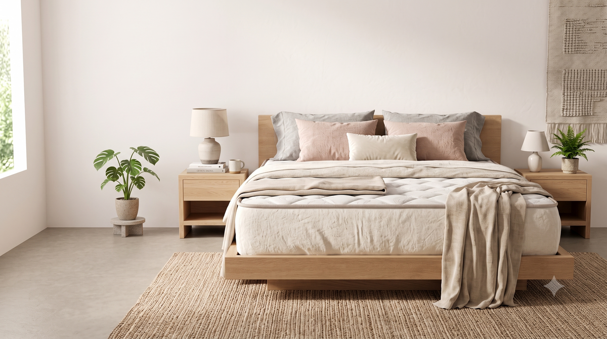 A Gravity Flex mattress dressed on an oak bed frame in a calm, light bedroom