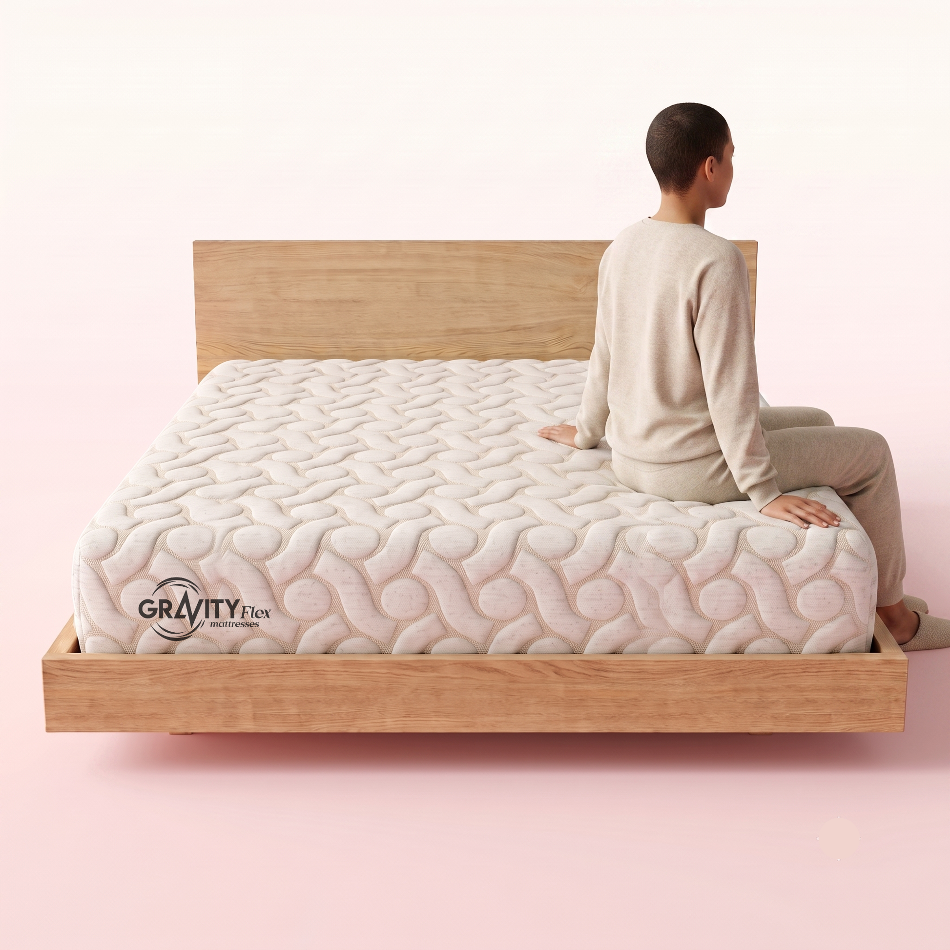 Person seated on the edge of a Gravity Flex Ortho Plus 6 inch mattress